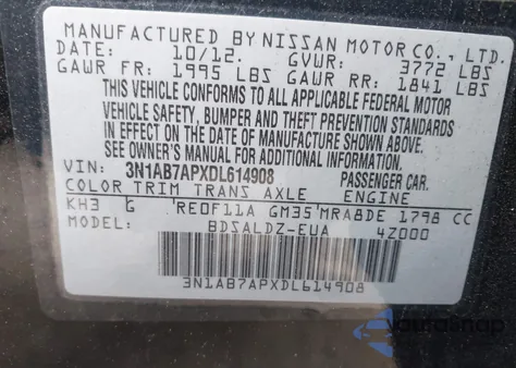 2013 Nissan Sentra Sv from USA, damaged, VIN 3N1AB7APXDL614908
